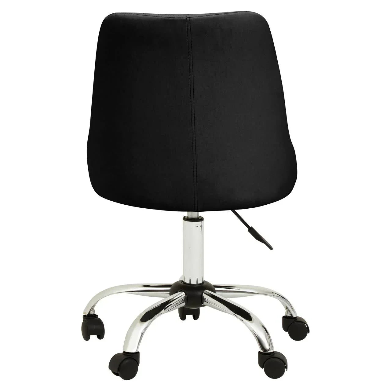 Black office chair with chrome base and wheels, rear view showing height adjustment lever