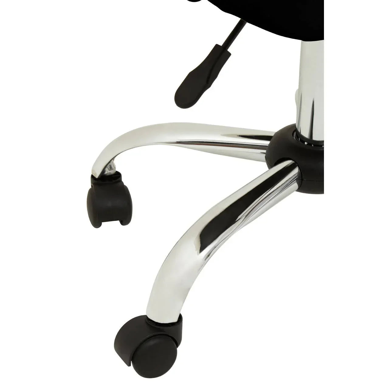 Office chair chrome base with black castor wheels and lever detail