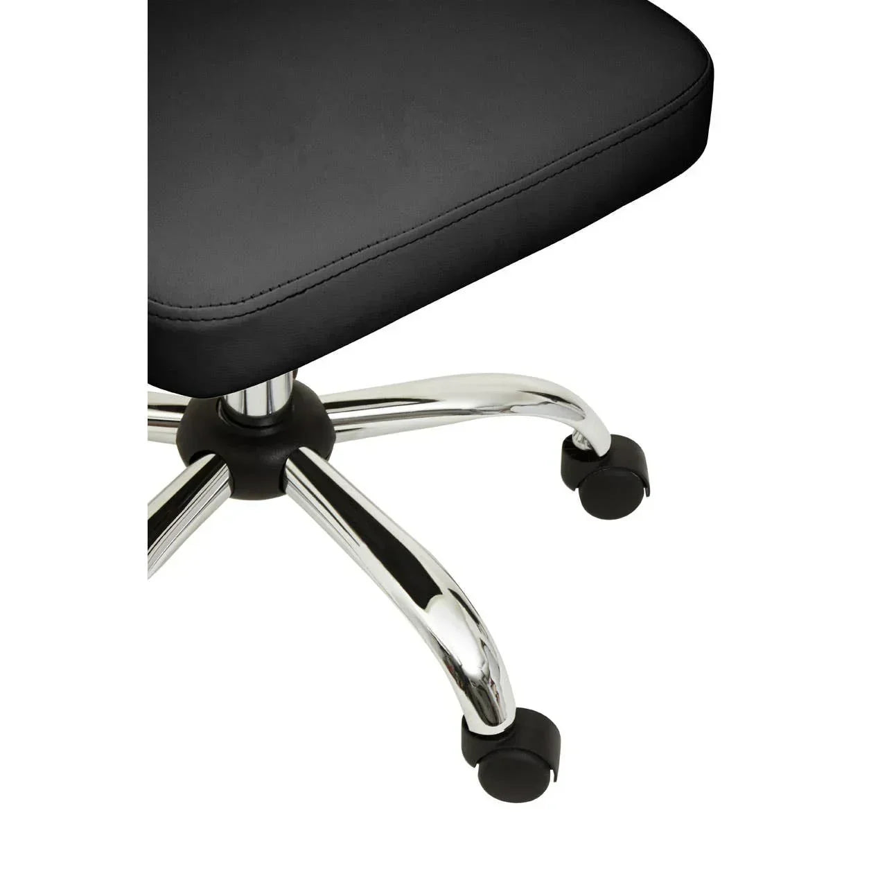 Black office chair seat with chrome base and caster wheels close-up