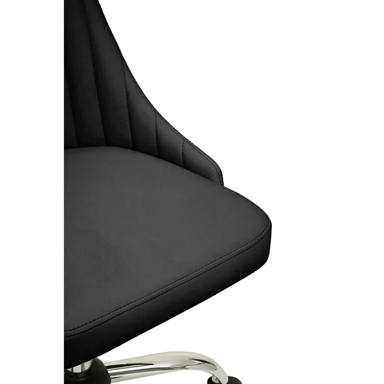 Black office chair with chrome base, upholstered seat and vertical stitched backrest