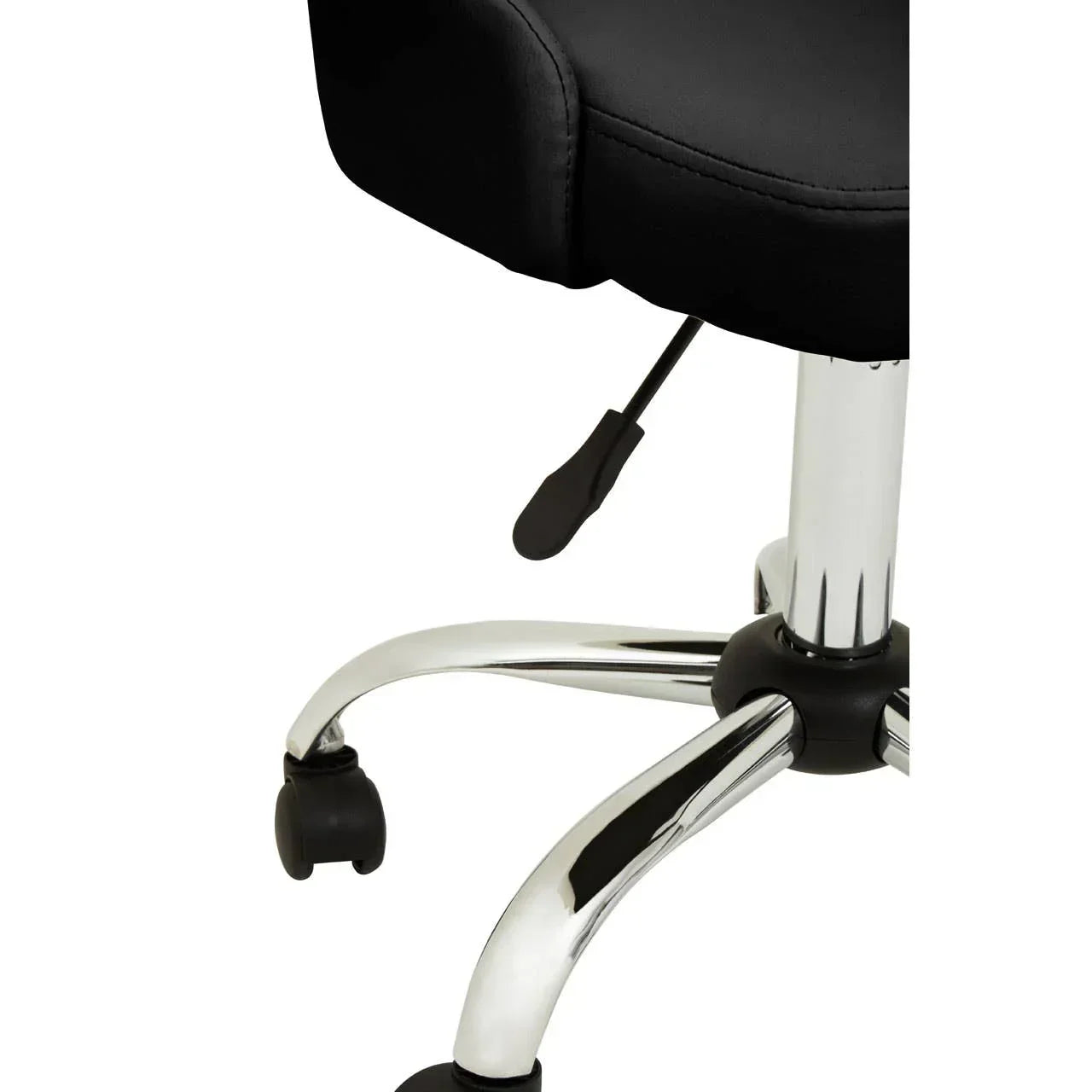 Black office chair seat with chrome swivel base and casters, close-up view of mechanism