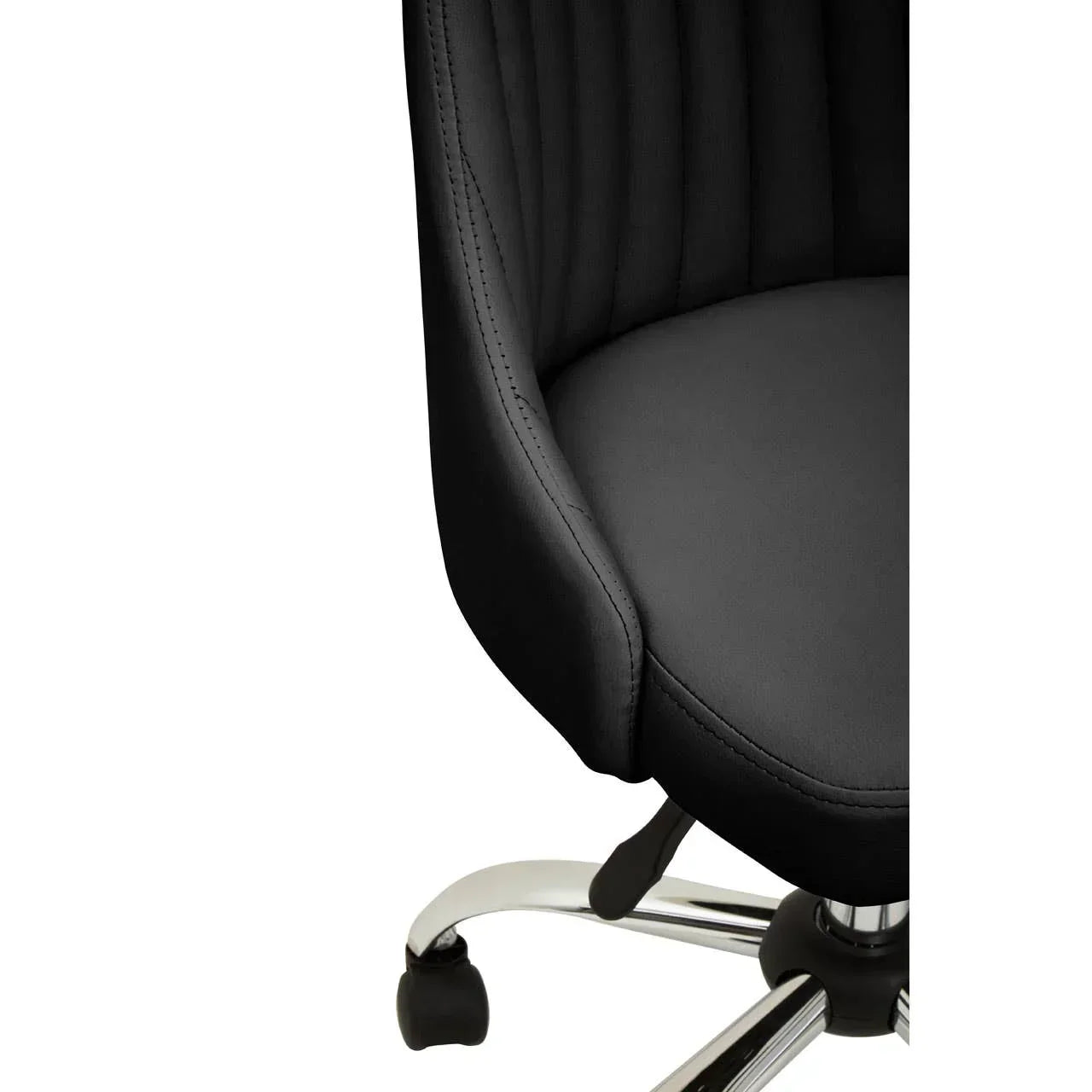 Black office chair seat and chrome base with caster wheels, close side view