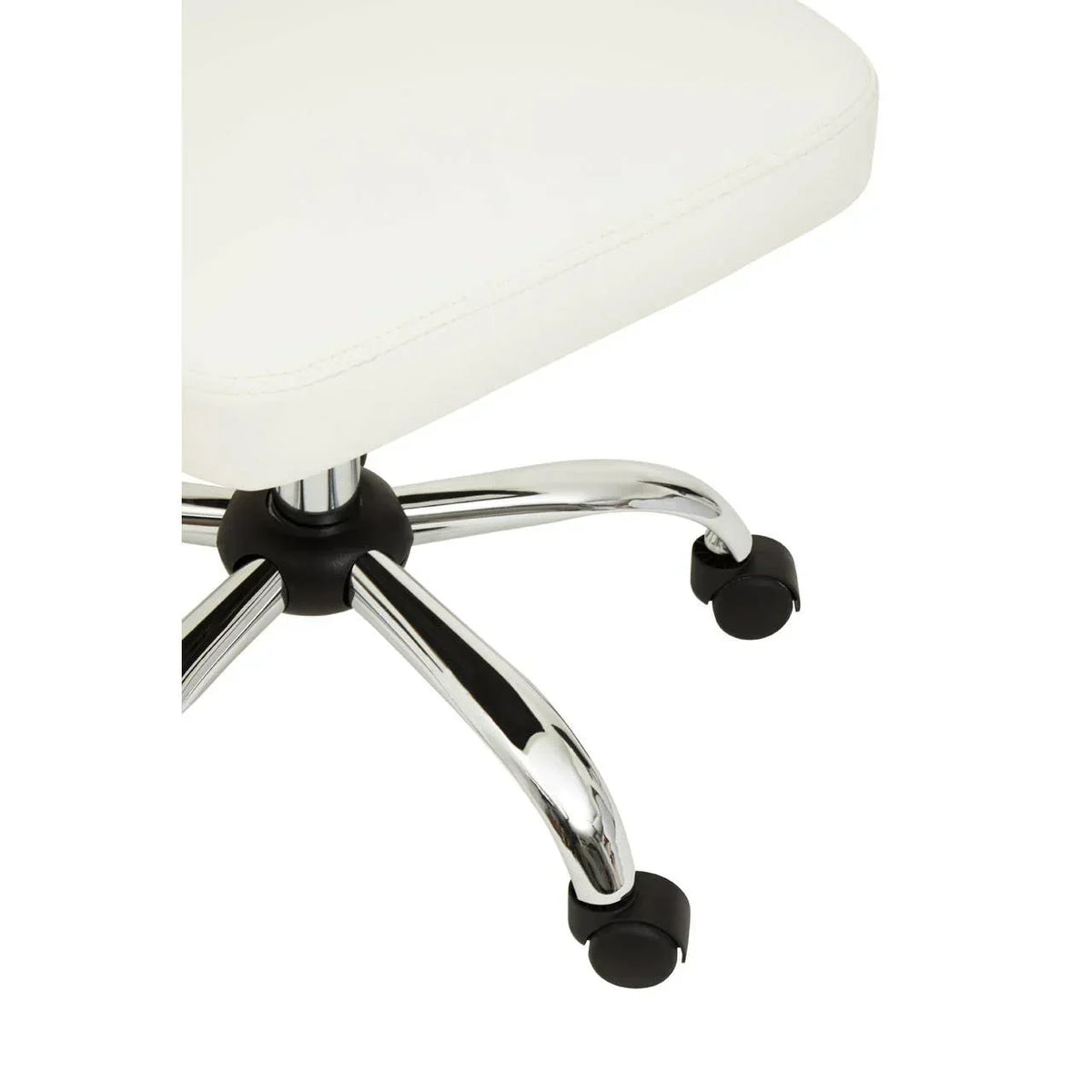 White office chair with chrome metal legs and black caster wheels on white background