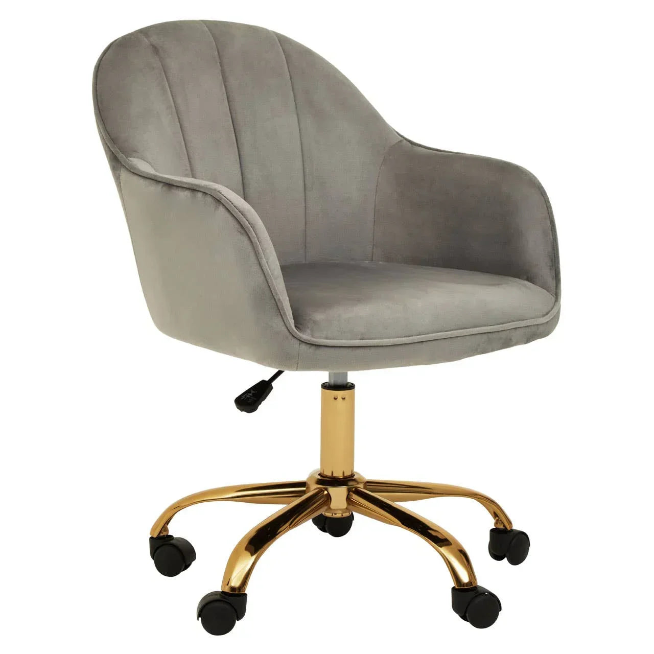 Grey velvet office chair with gold metal base and wheels, adjustable height function