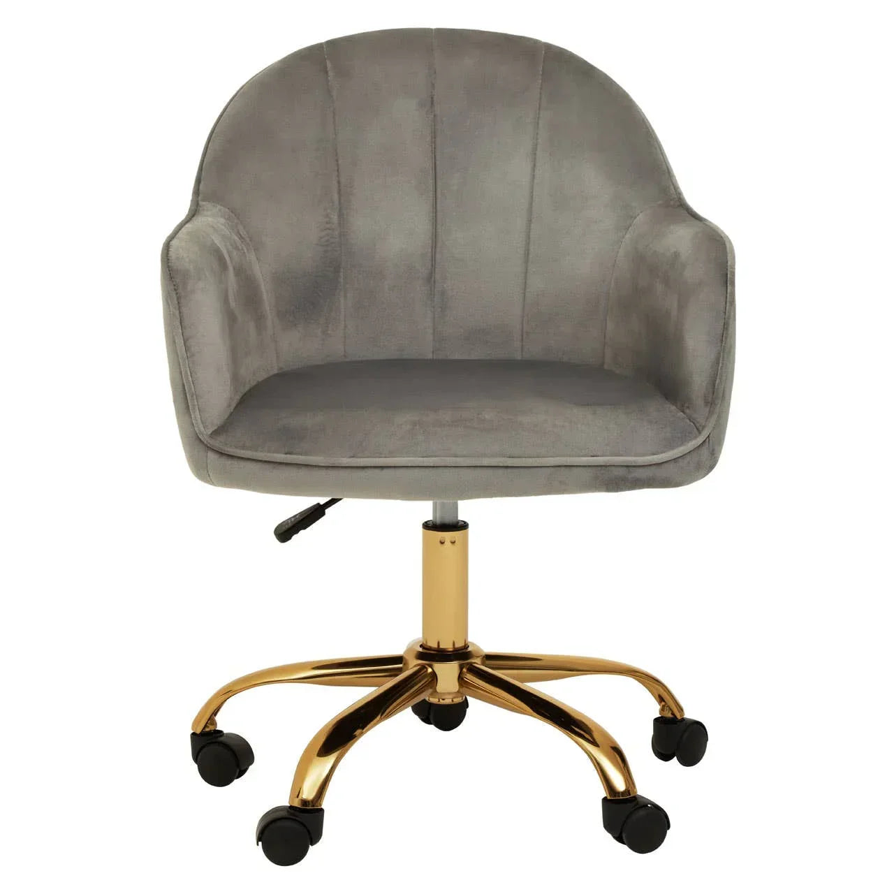 Grey velvet office chair with gold metal base and casters, front view