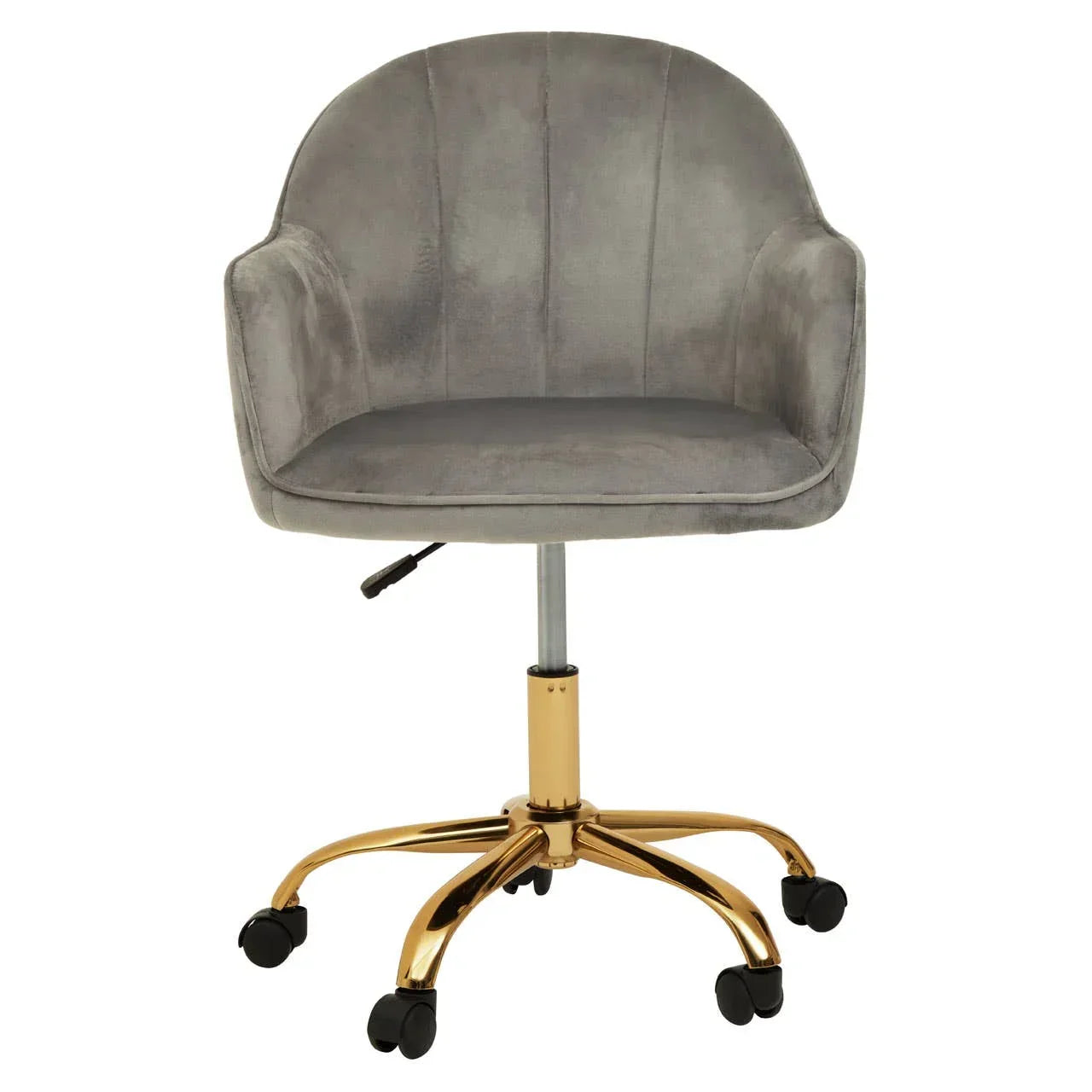 Grey velvet office chair with gold base and wheels, front view