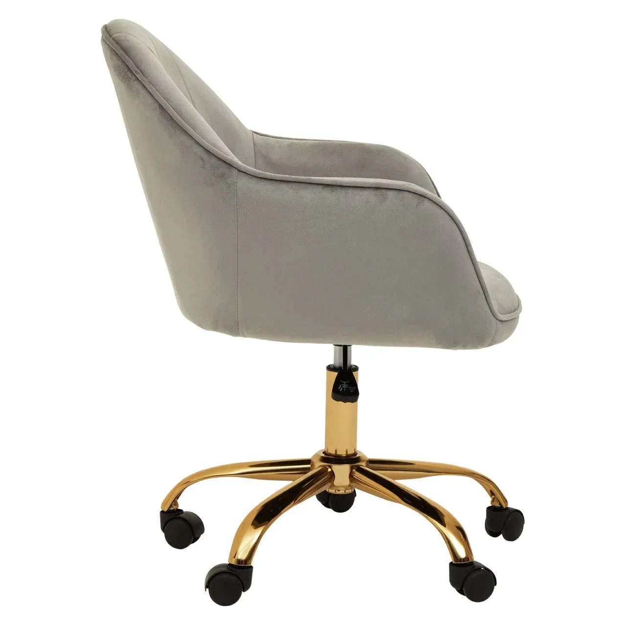 Grey velvet office chair with gold metal swivel base and caster wheels, side view