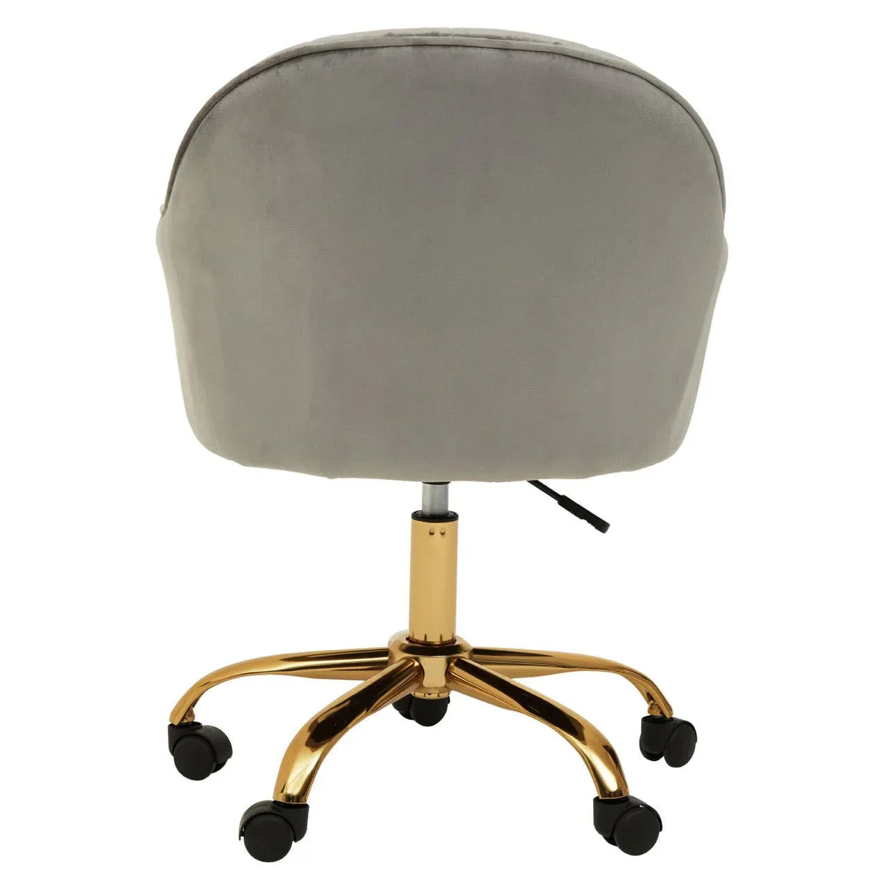 Grey velvet office chair with gold swivel base shown from back view