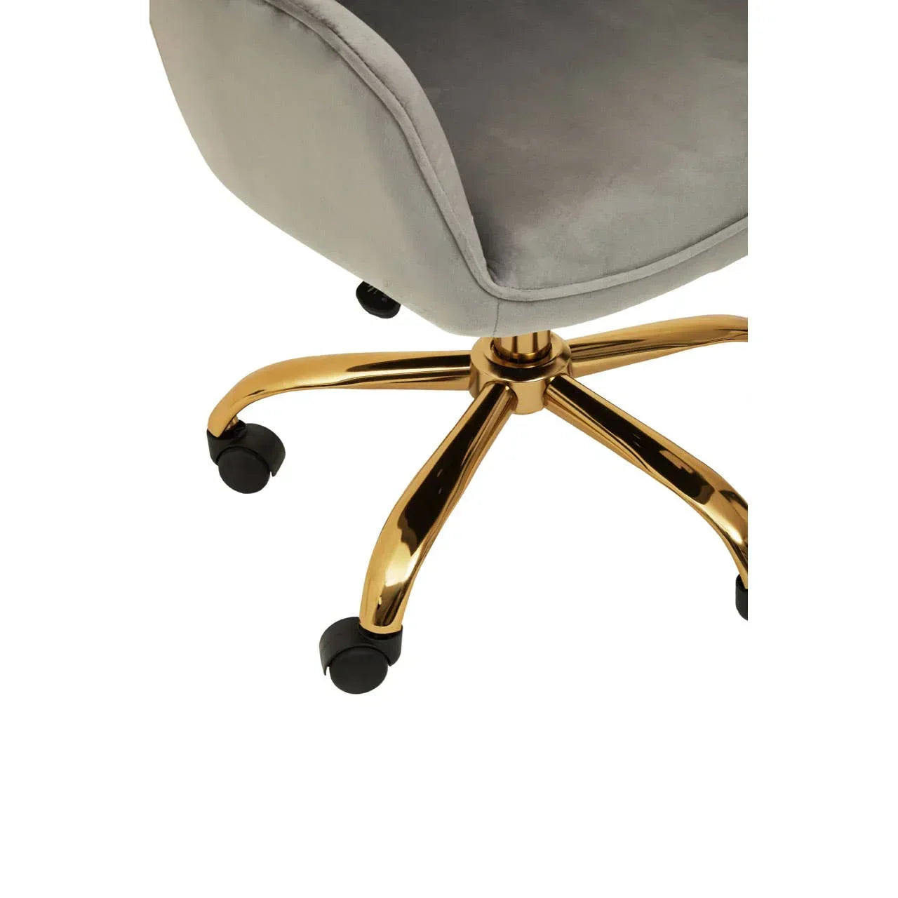 Grey velvet office chair with gold metal base and black castor wheels