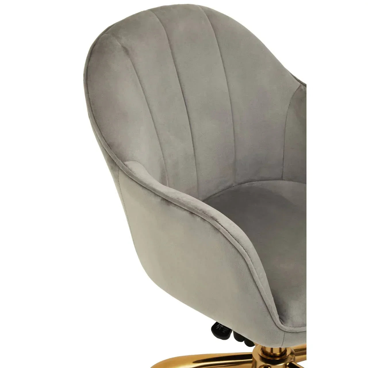 Grey velvet swivel chair with curved back and gold metal base detail