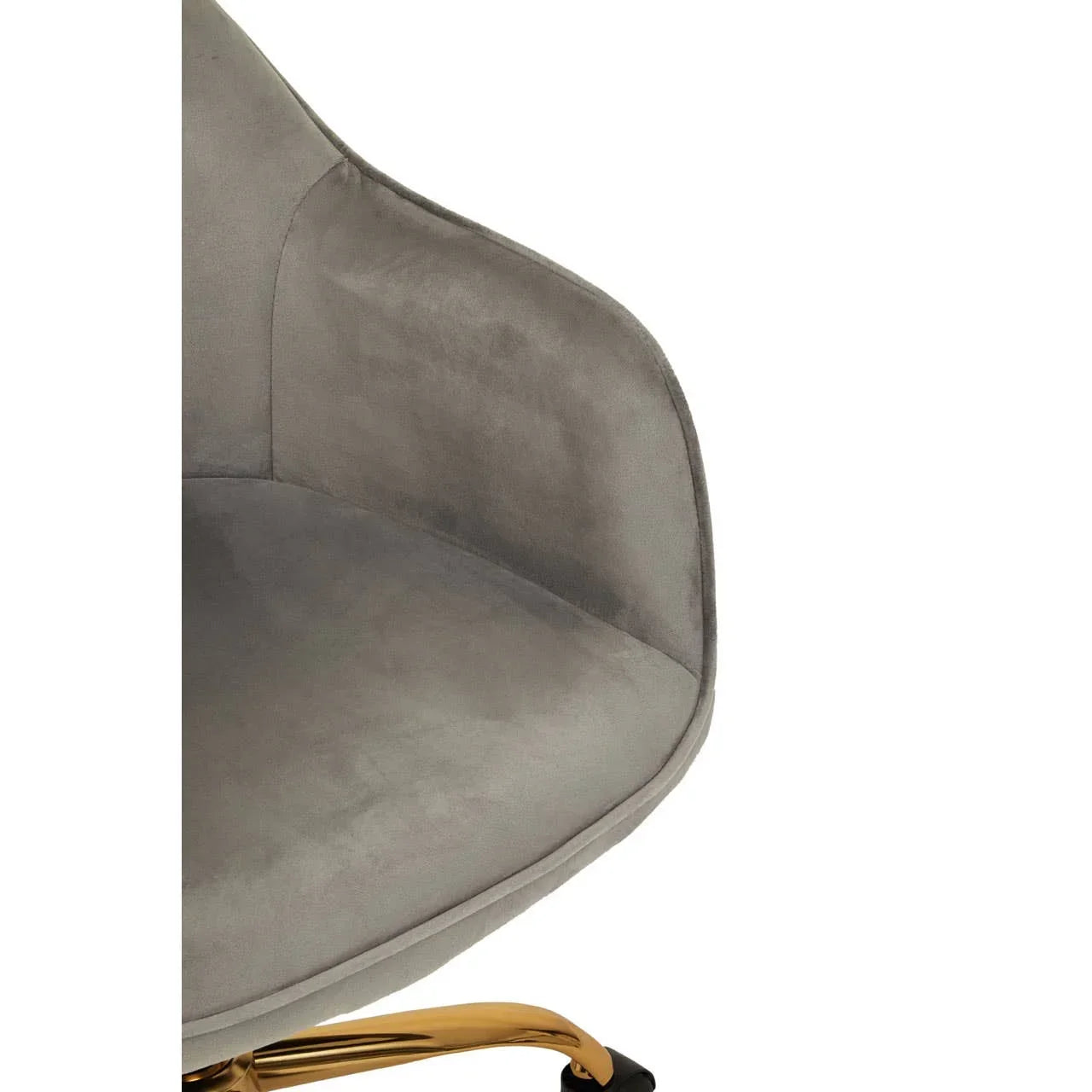 Grey velvet swivel chair with curved backrest and gold metal leg detail