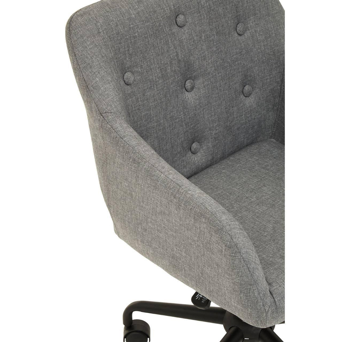 Grey fabric office chair with button-tufted backrest and black metal base on castors