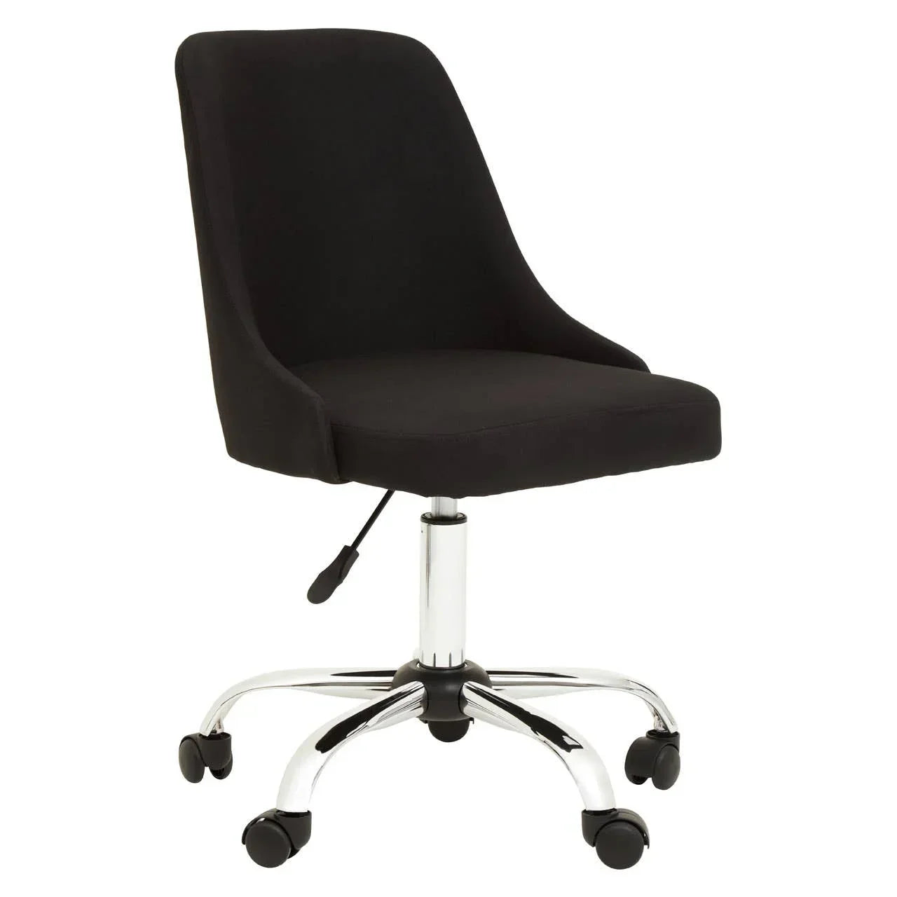 Black office chair with chrome base and swivel wheels, side angle view