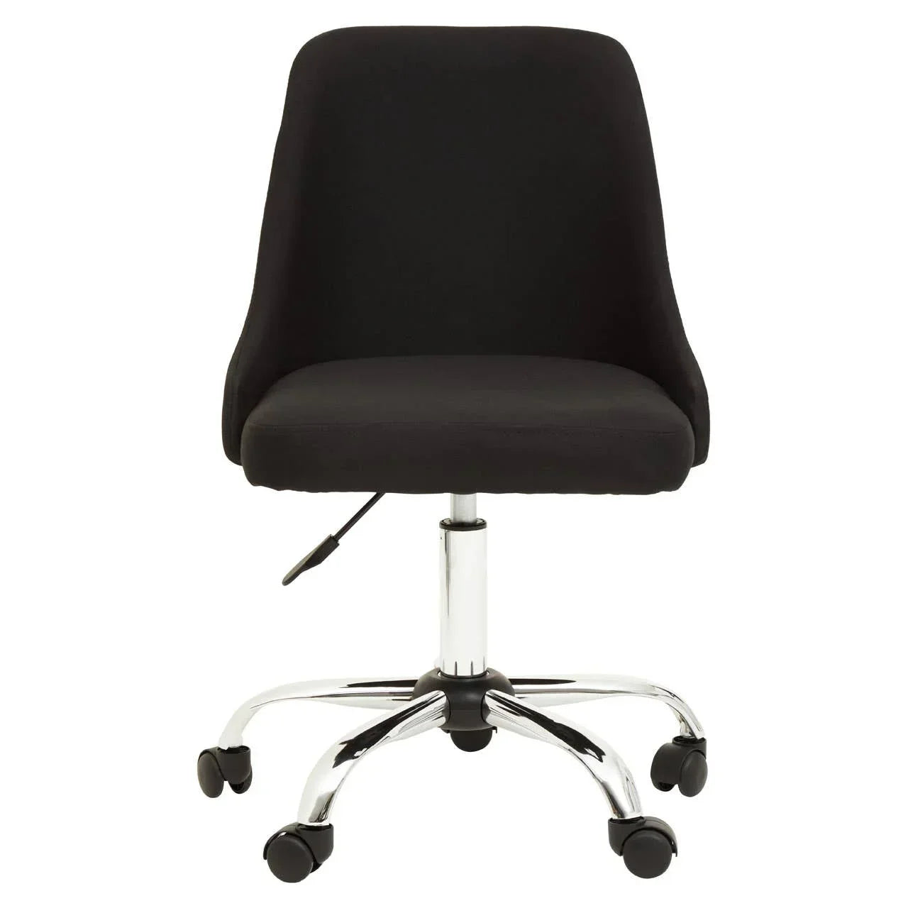 Black office chair with chrome base and wheels, front view