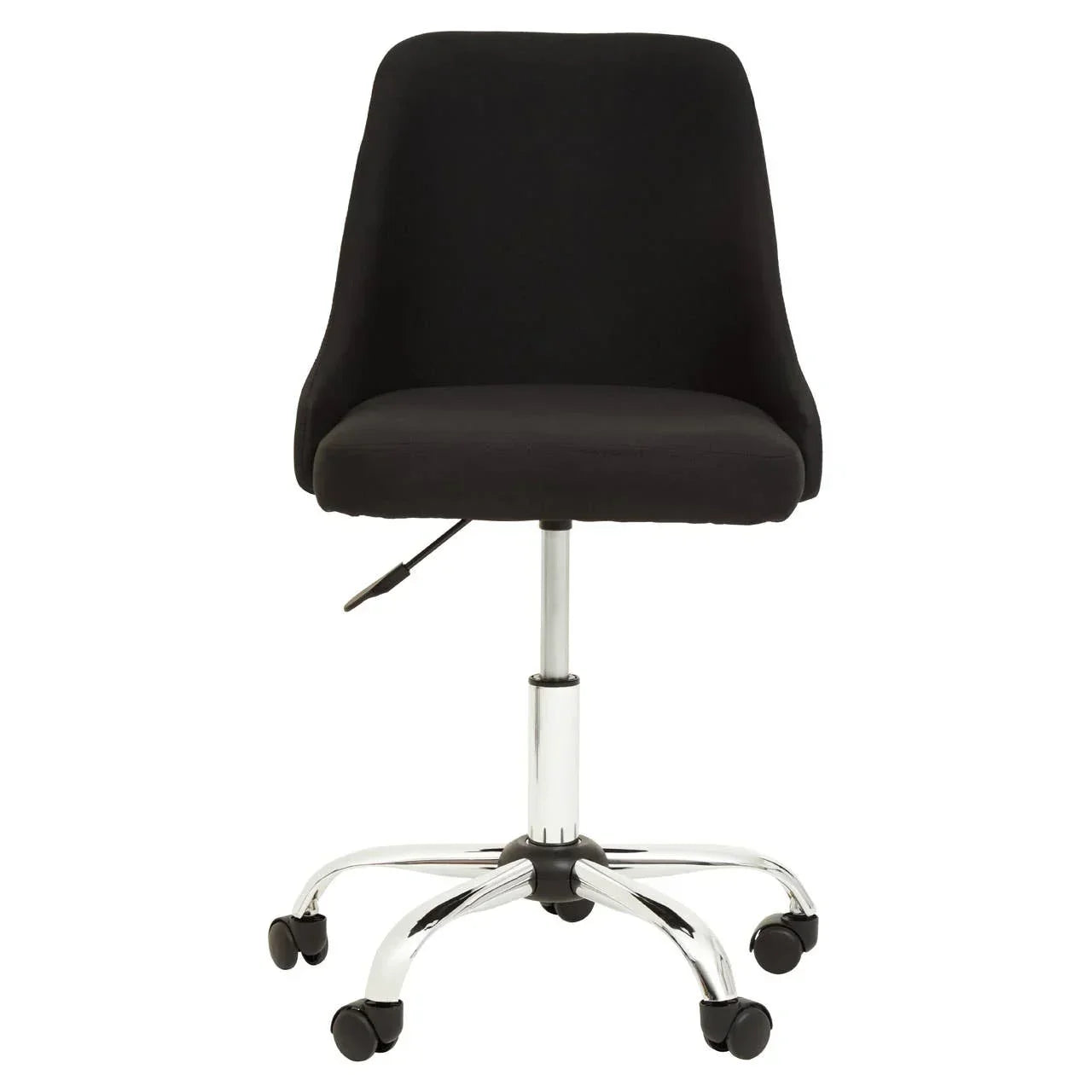 Black swivel office chair with chrome base and caster wheels, front view
