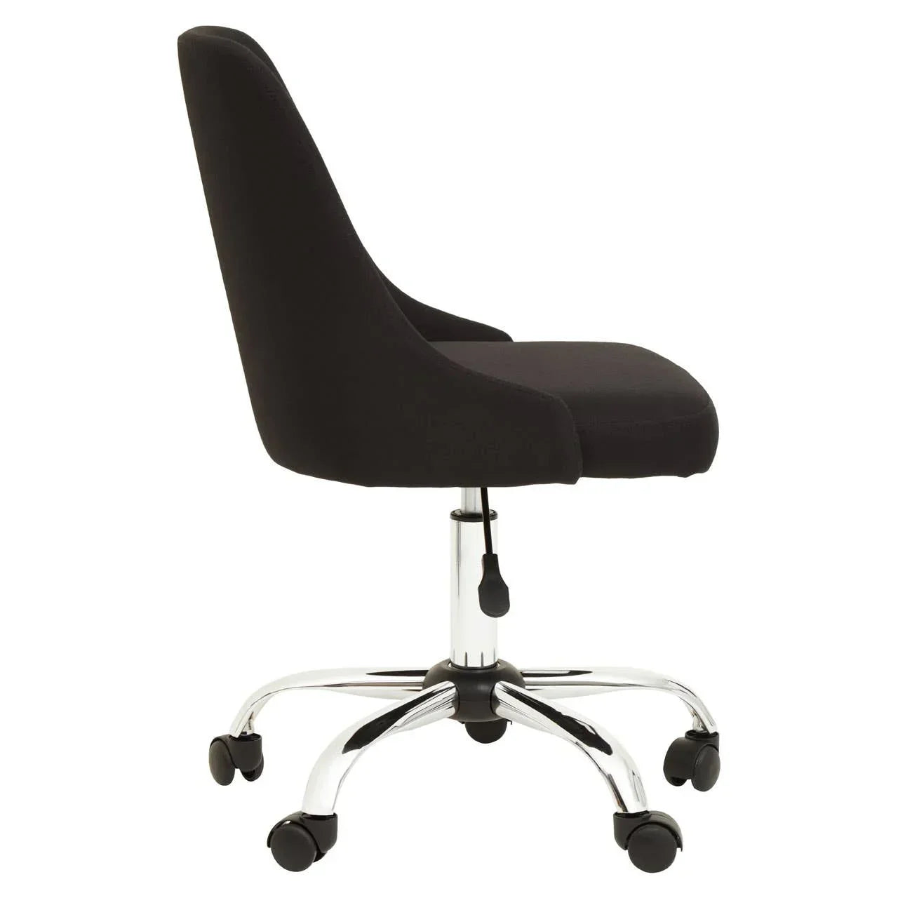 Black fabric office chair with chrome swivel base and caster wheels, side profile view