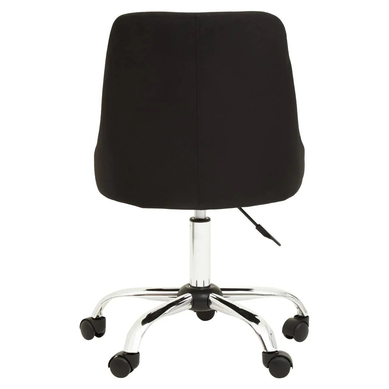 Black office chair with chrome base and caster wheels rear view