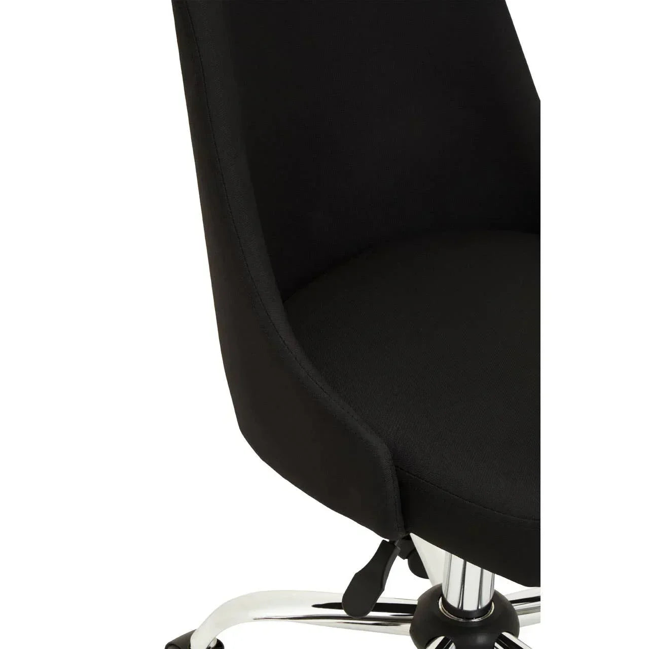 Black office chair fabric seat with chrome base and gas lift mechanism close-up