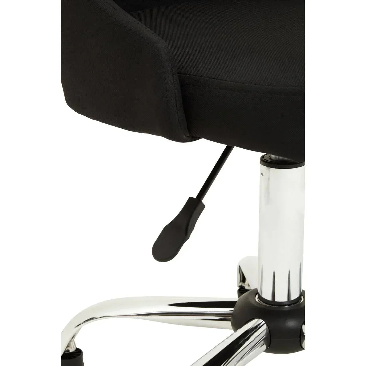 Black office chair seat with height adjustment lever and chrome metal base