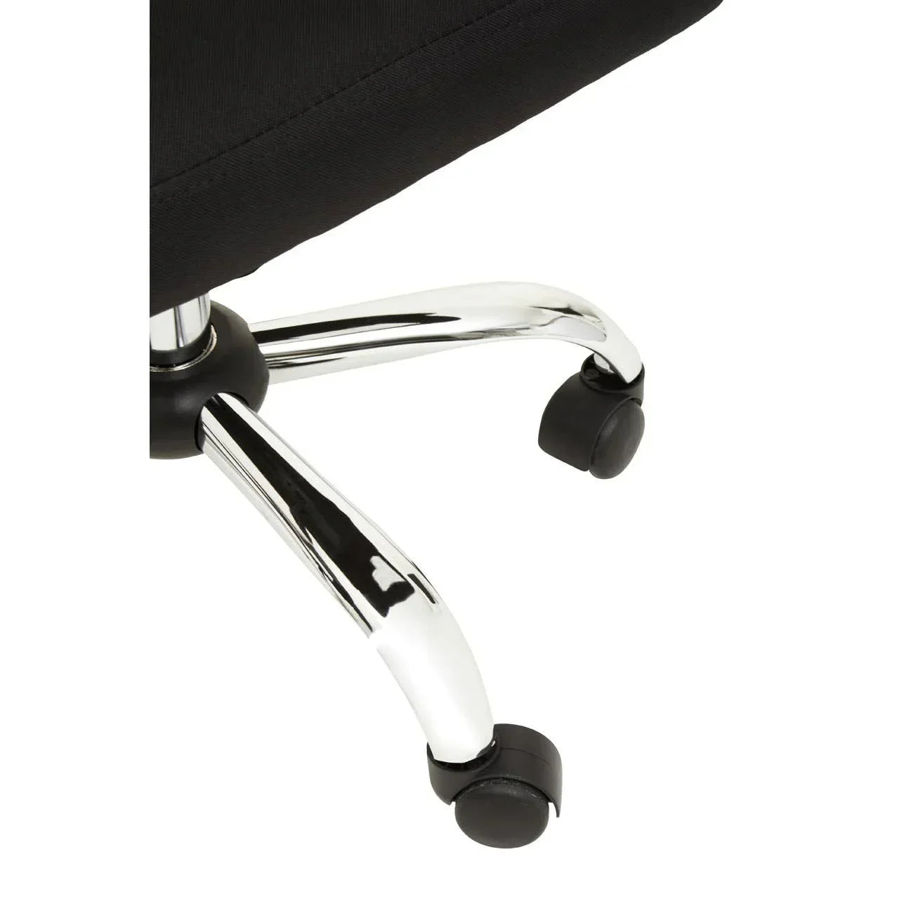 Office chair chrome base with black castor wheels and black fabric seat corner
