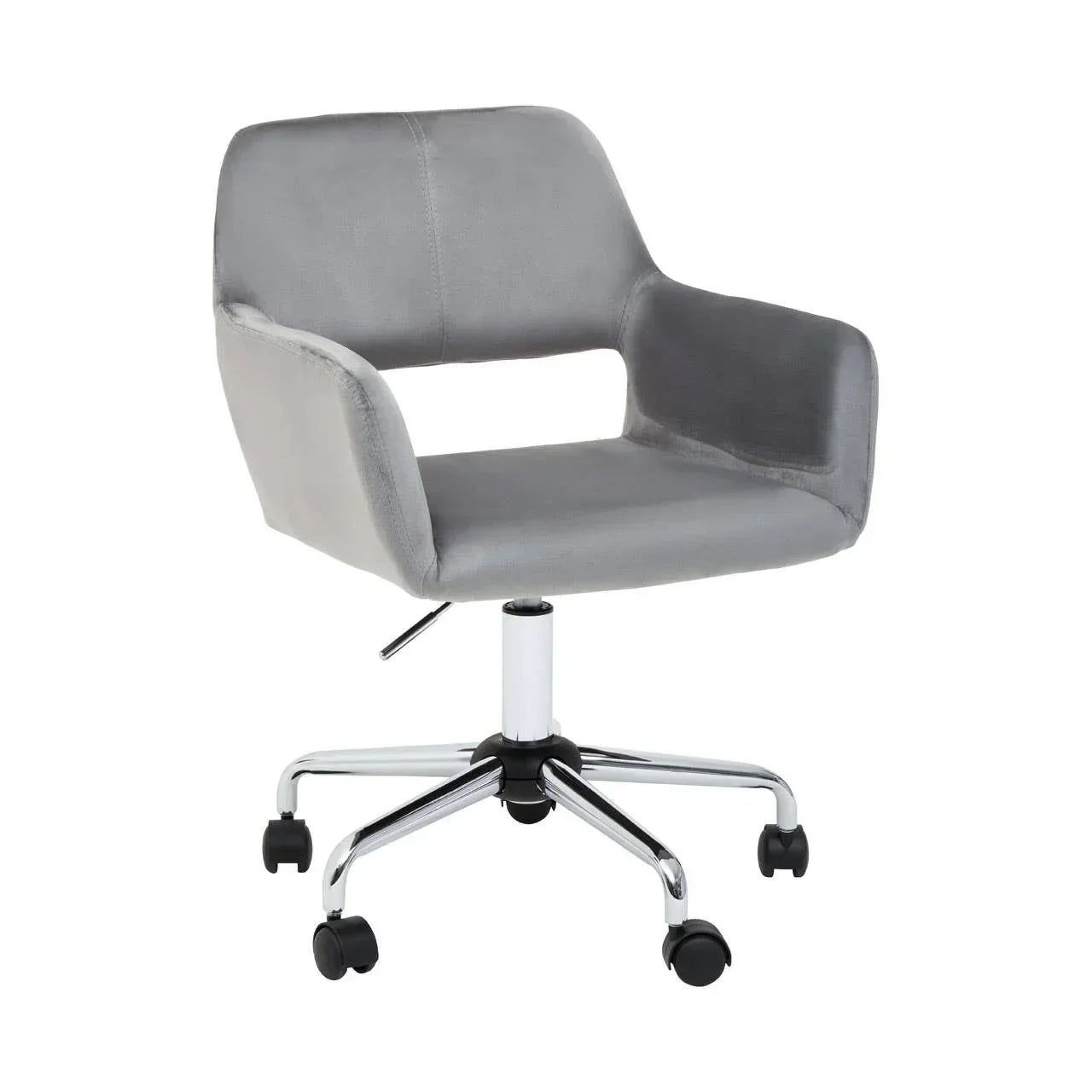 Grey office chair with armrests, chrome swivel base and caster wheels, side view