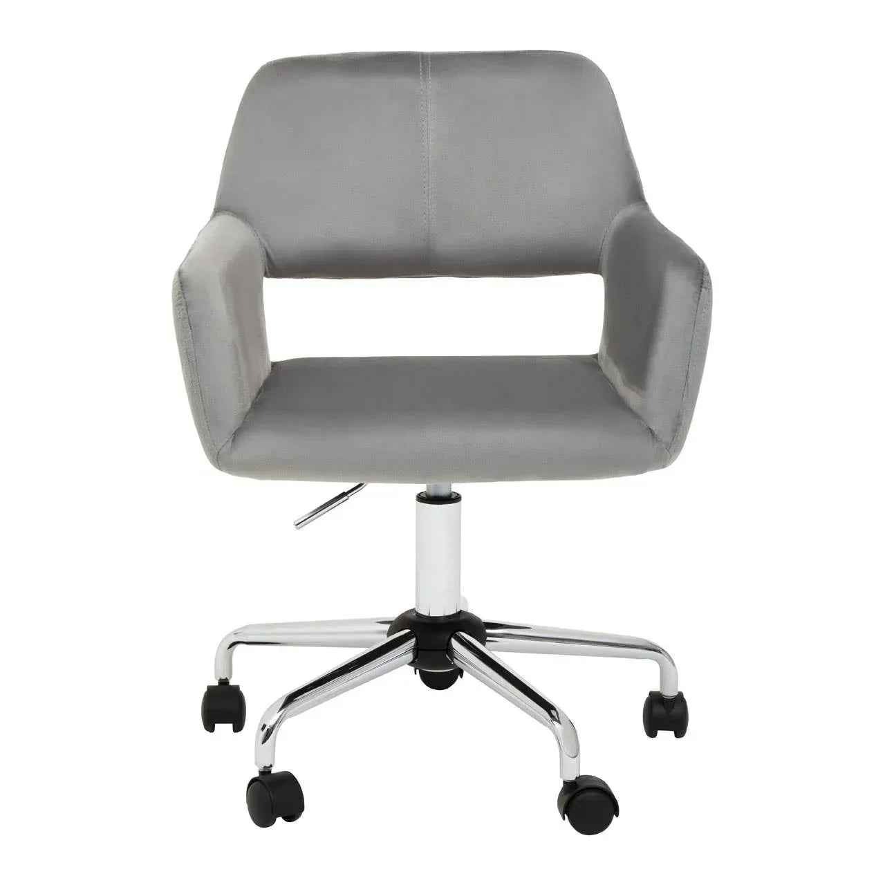 Grey velvet office chair with chrome base and casters front view