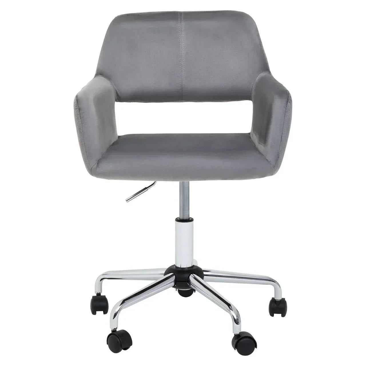 Grey swivel office chair with chrome base and cutout backrest, front view