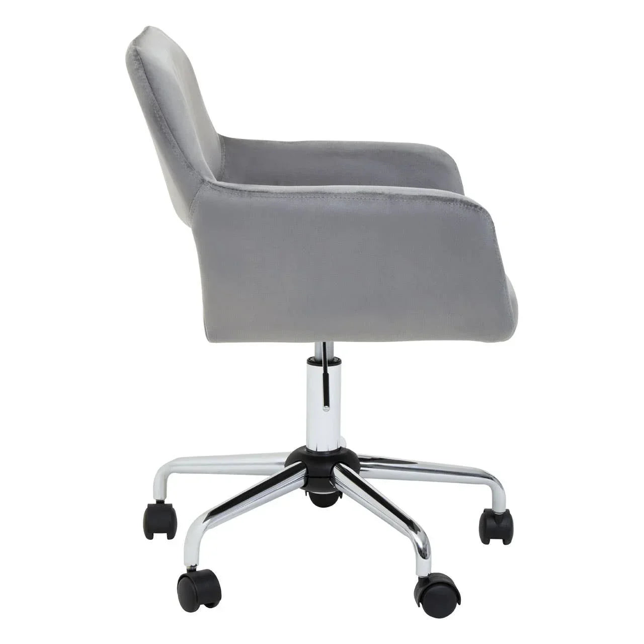 Grey velvet office chair with metal base and five casters side view