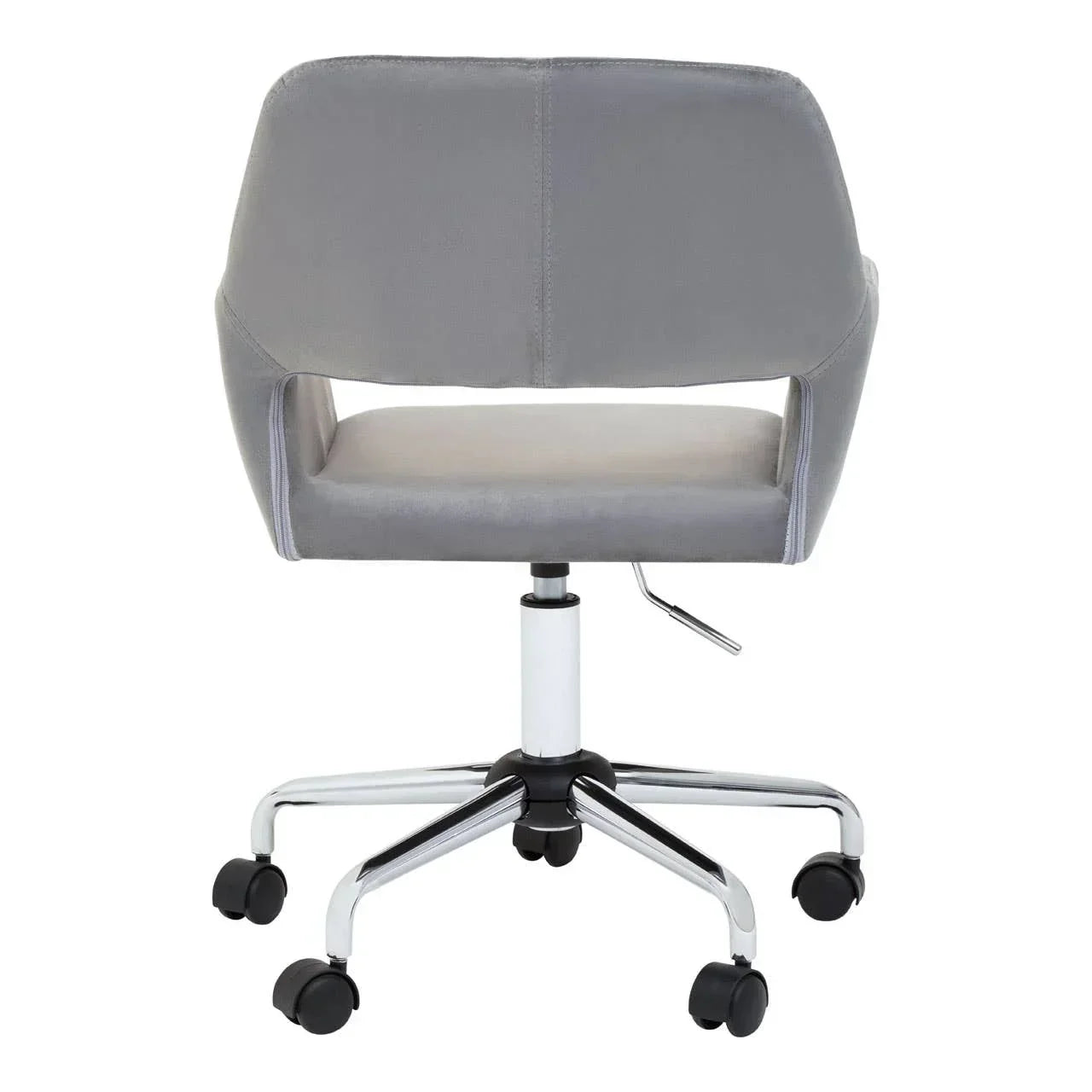 Grey office chair with cut-out backrest and chrome legs on castor wheels, rear view
