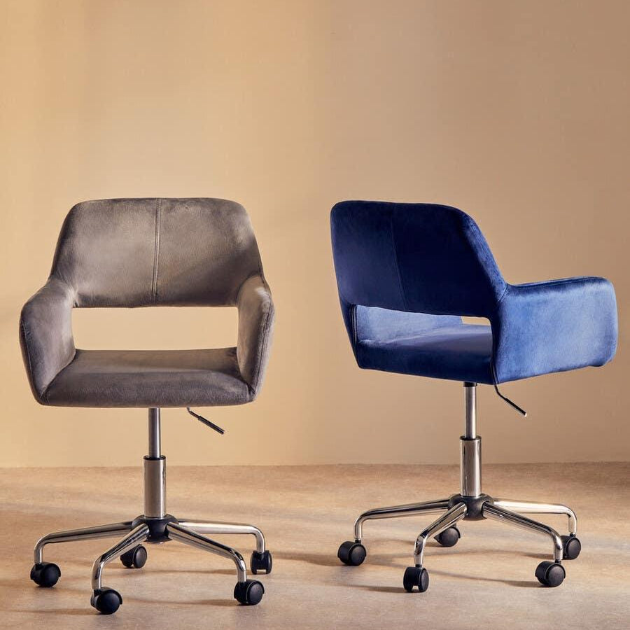 Grey and blue swivel office chairs with chrome bases and wheels on wood floor