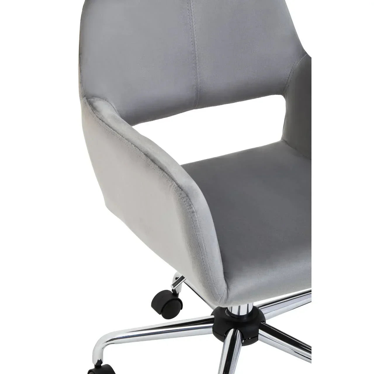Grey fabric office chair with chrome base and casters, partial side view