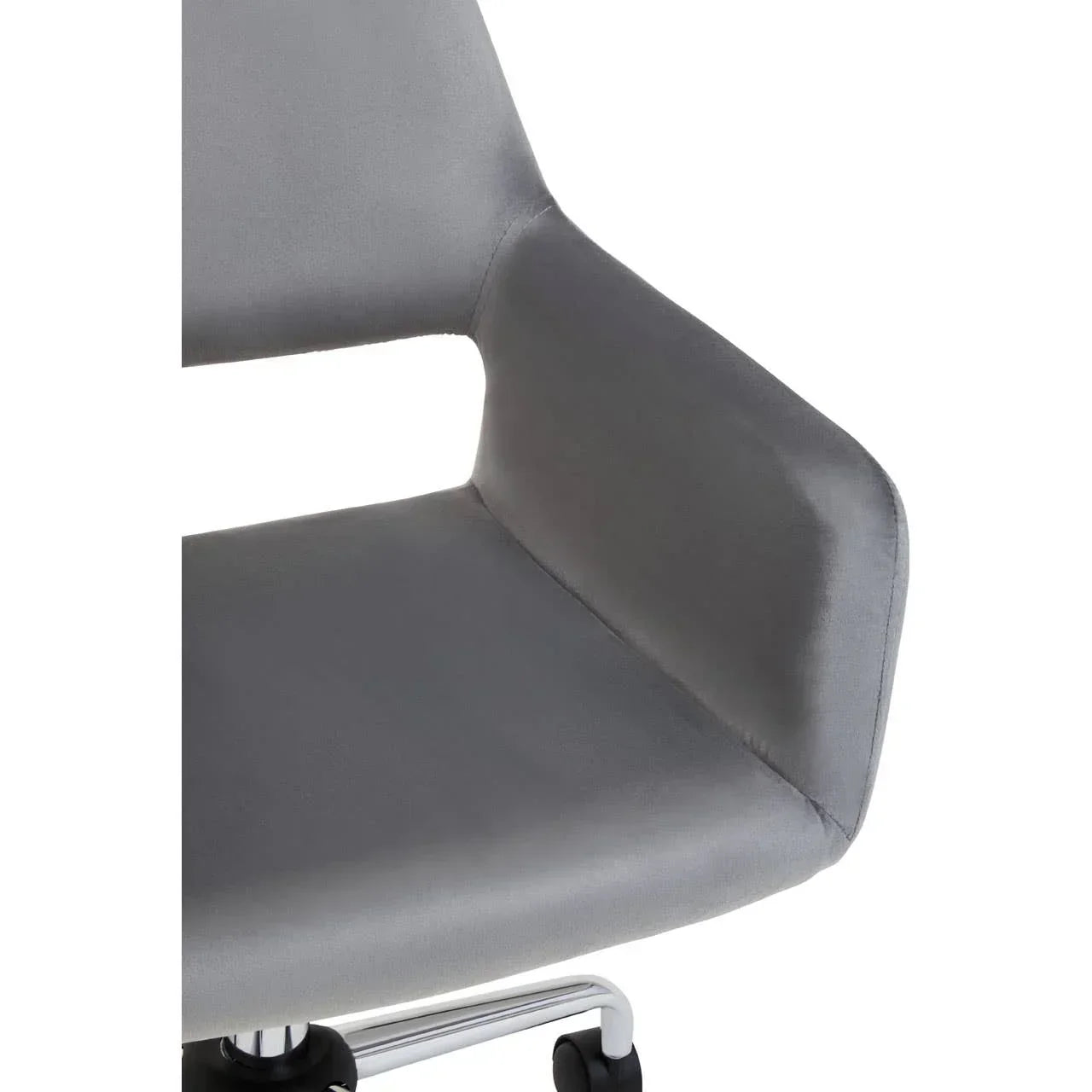 Grey fabric office chair armrest and seat with chrome base and castor wheel