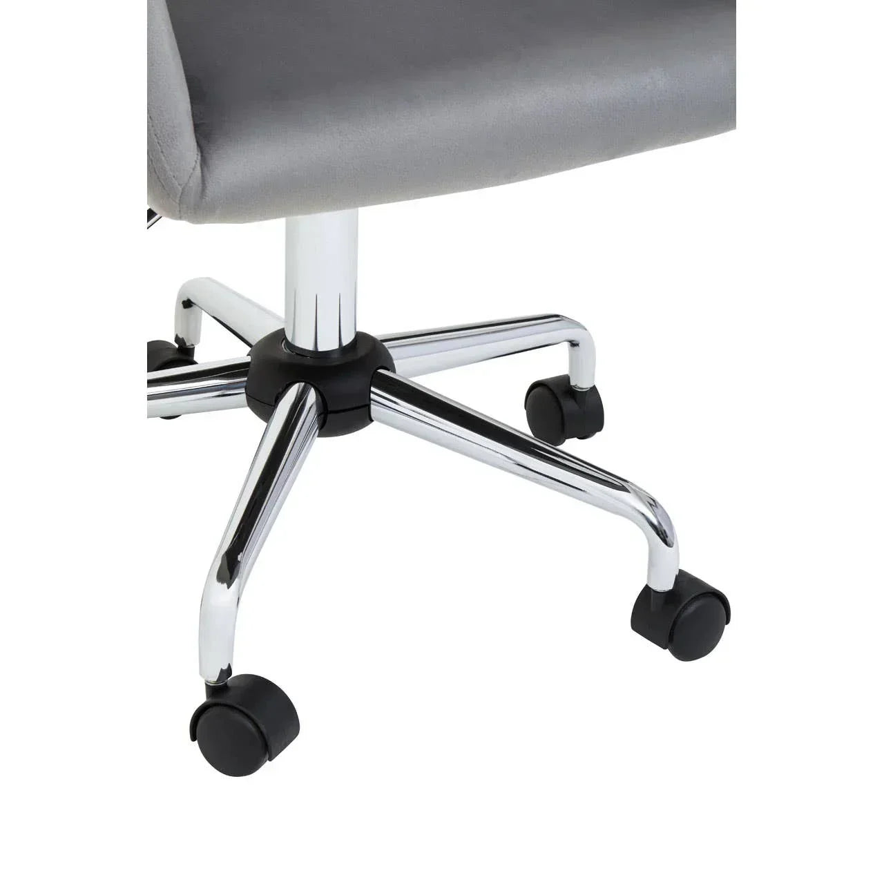 Grey office chair base with chrome legs and black swivel caster wheels