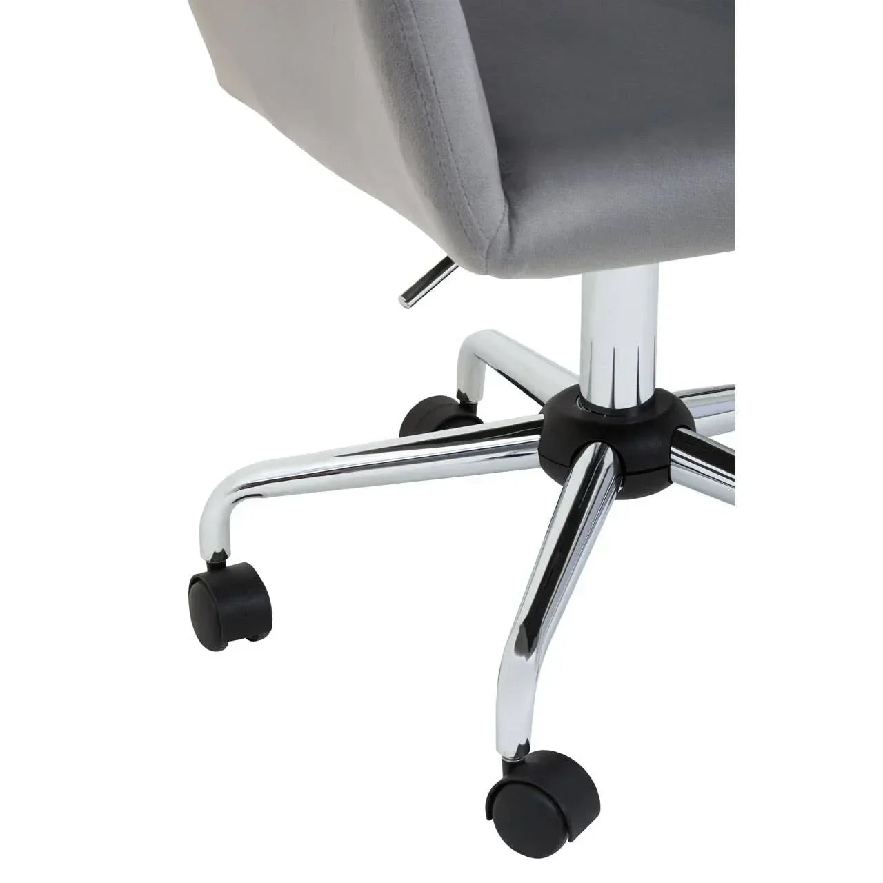Close-up of grey office chair with chrome base and caster wheels