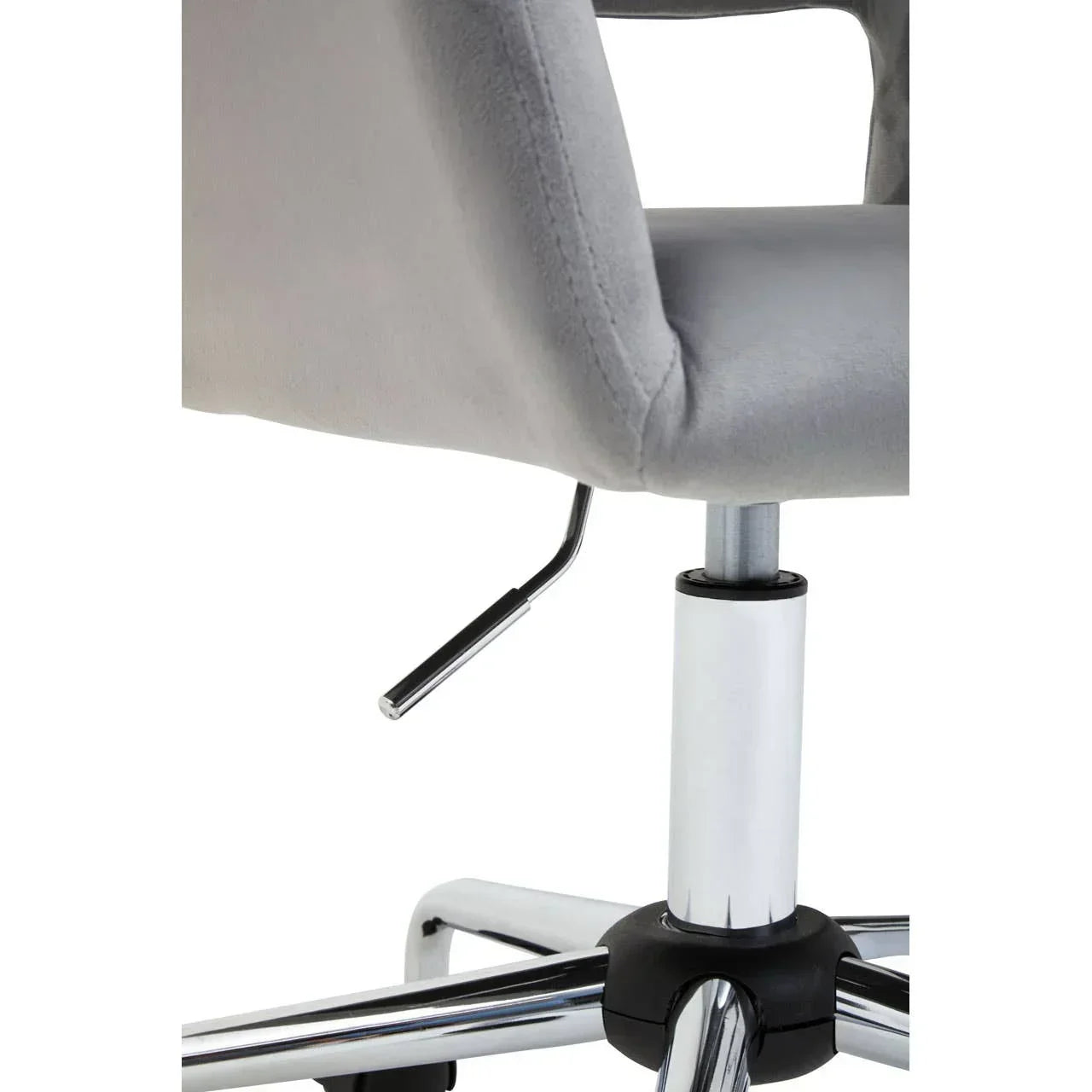 Close-up of grey office chair with chrome adjustable height lever and metal base