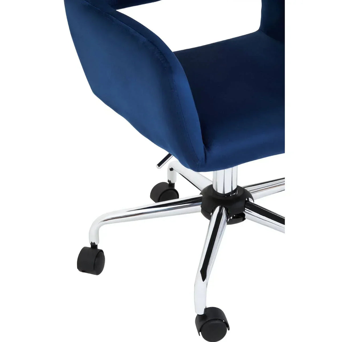 Blue velvet office chair with chrome swivel base and caster wheels close up
