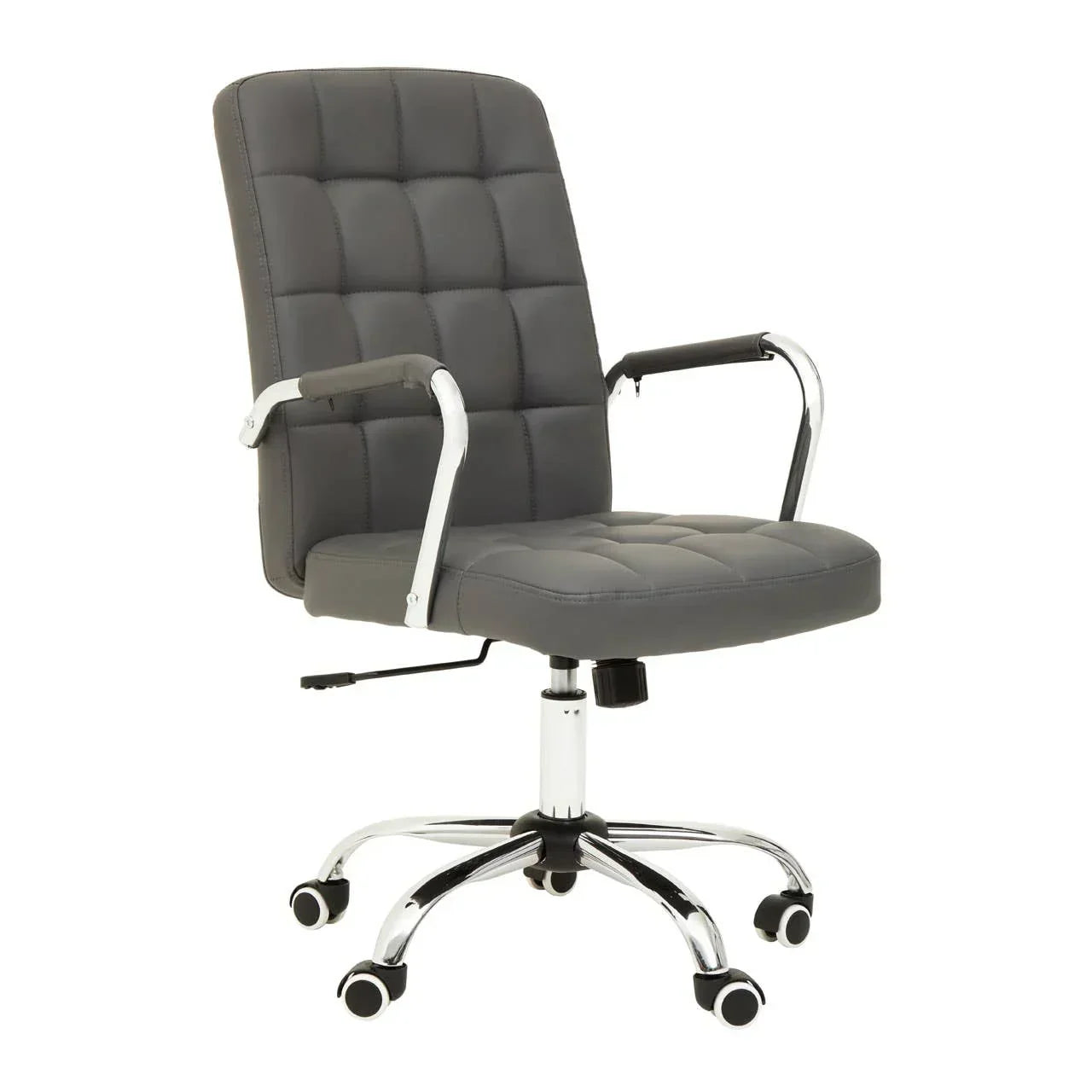 Grey office chair with padded seat, chrome arms and base, adjustable height and wheels