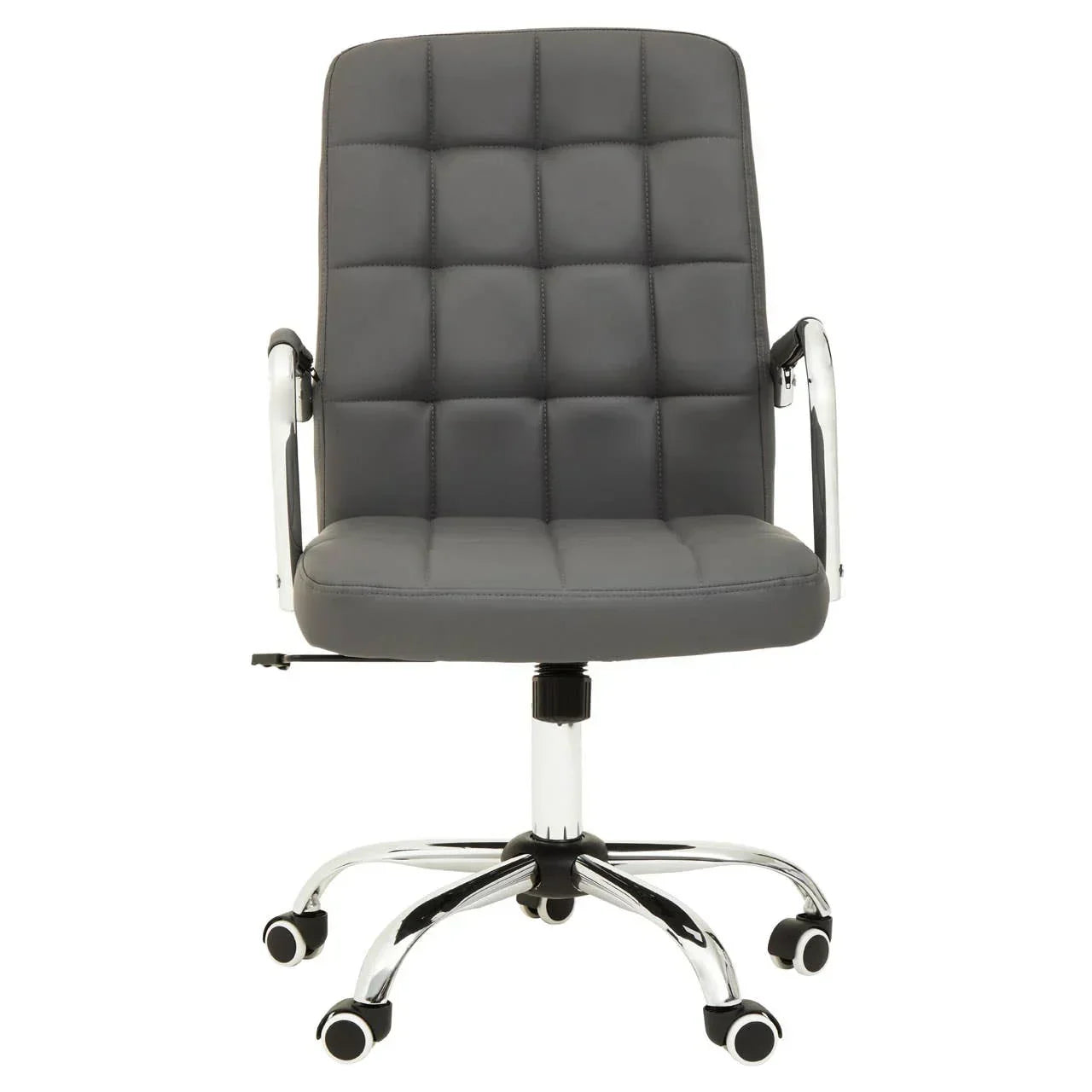 Grey office chair with padded seat, chrome frame and five caster wheels, front view