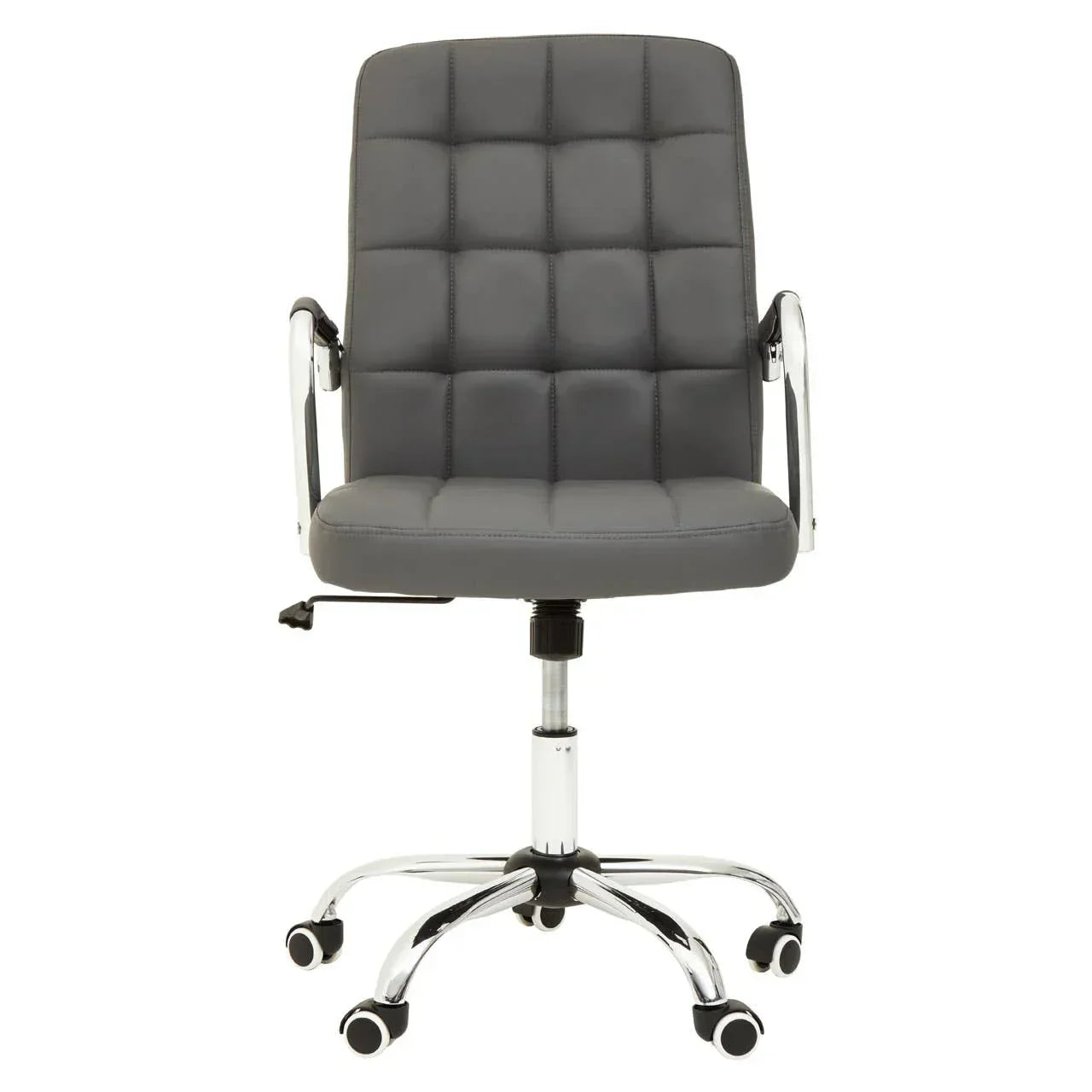Grey office chair with padded seat, chrome arms and five-wheel metal base, front view