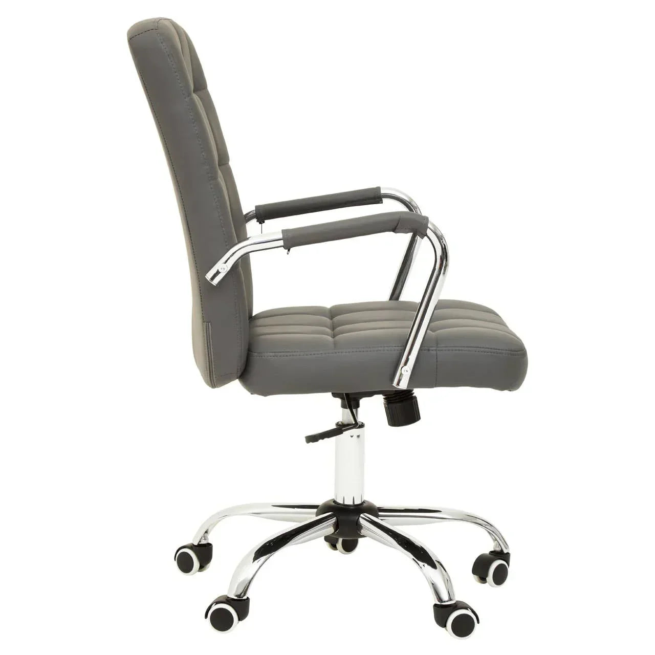 Grey office chair with cushioned seat, chrome armrests and adjustable swivel base side view