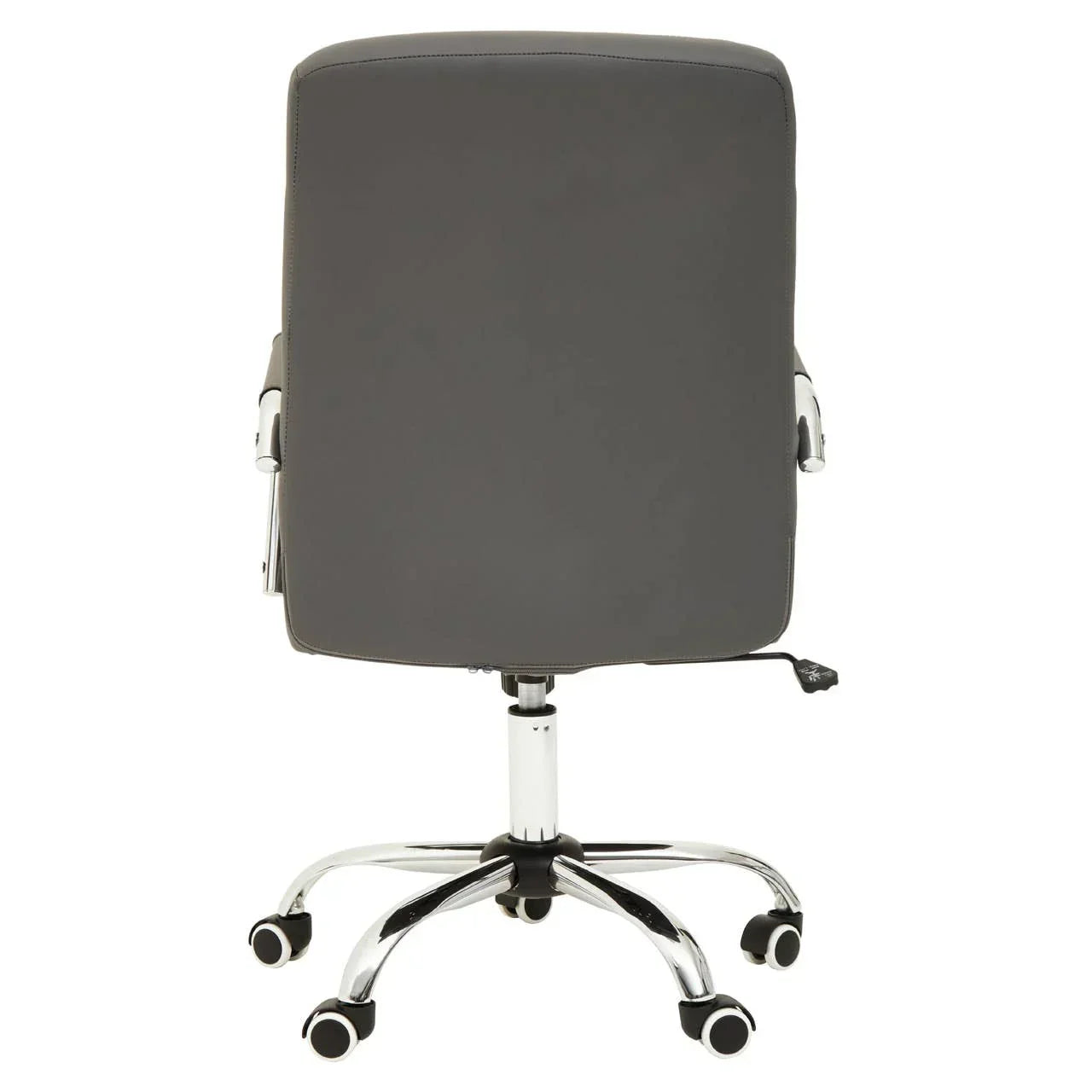Grey office chair with chrome base shown from the back, featuring five caster wheels