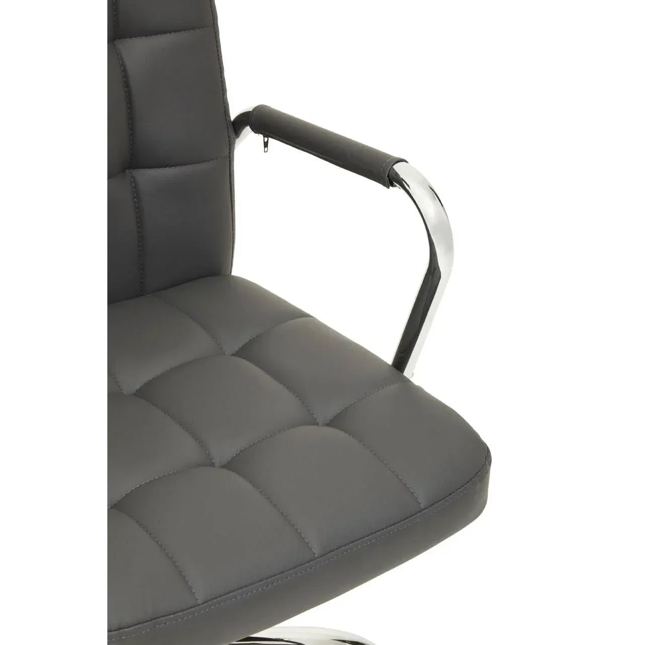 Grey faux leather office chair seat with chrome armrest close-up
