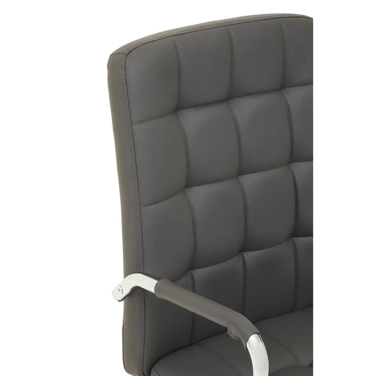 Grey leather office chair with chrome armrest and quilted backrest close-up