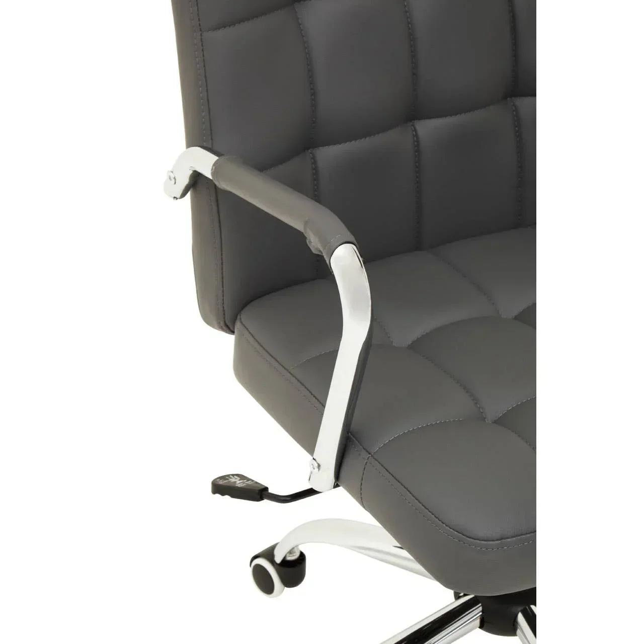 Grey leather office chair with padded seat, chrome armrest, gas lift and castor wheels