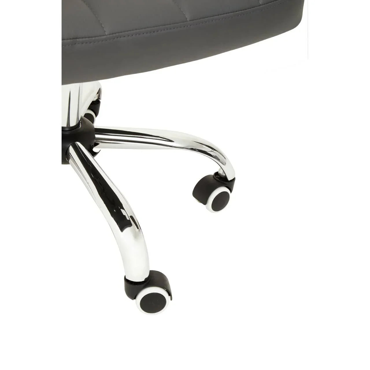 Chrome office chair base with twin black caster wheels and grey padded seat corner