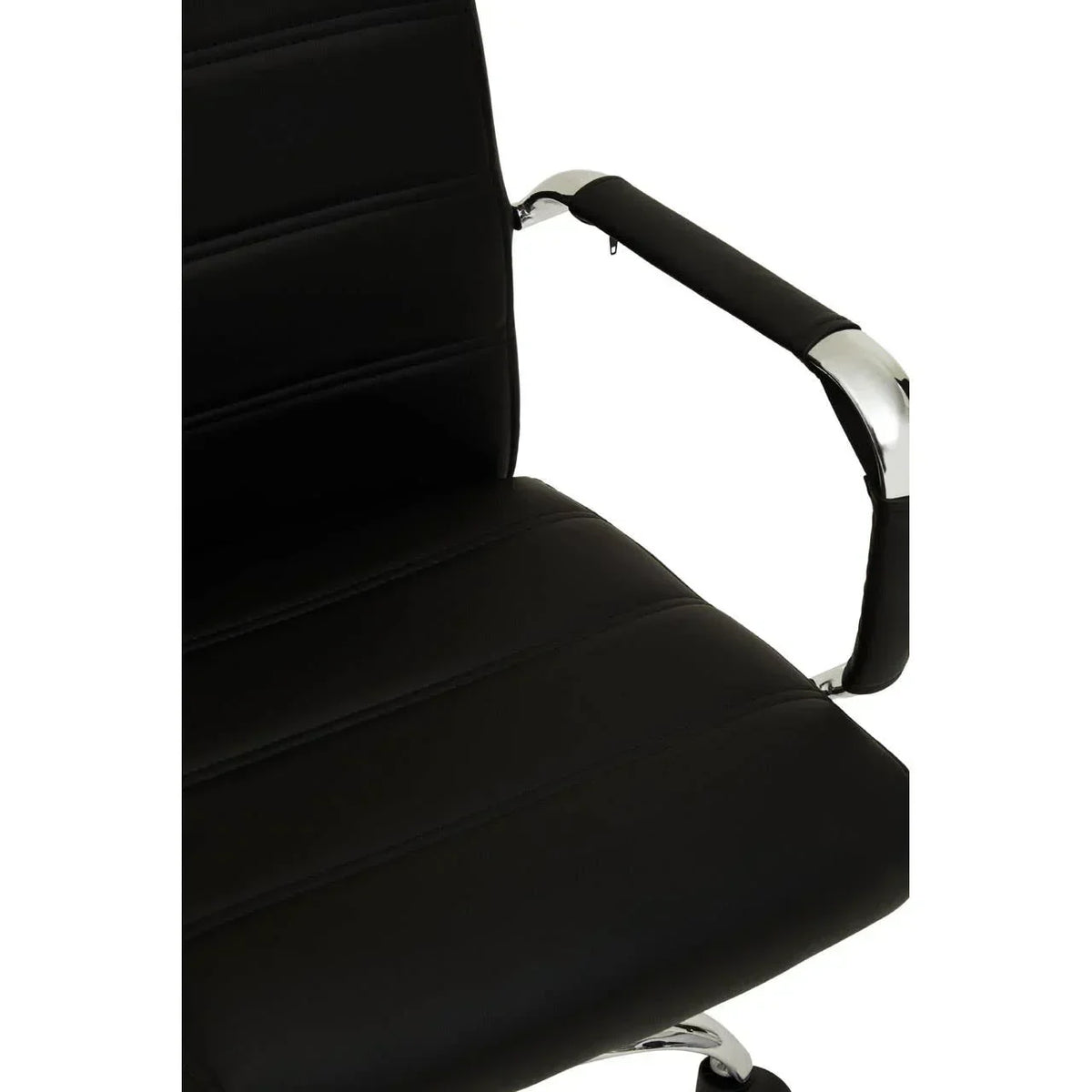 Black leather office chair seat with chrome armrest close up