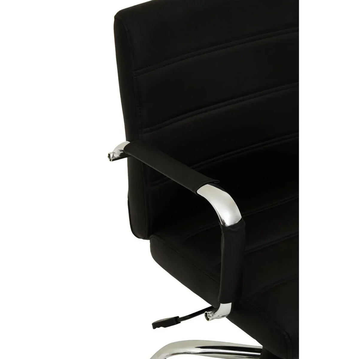 Black office chair with padded chrome armrest and horizontal stitched backrest detail