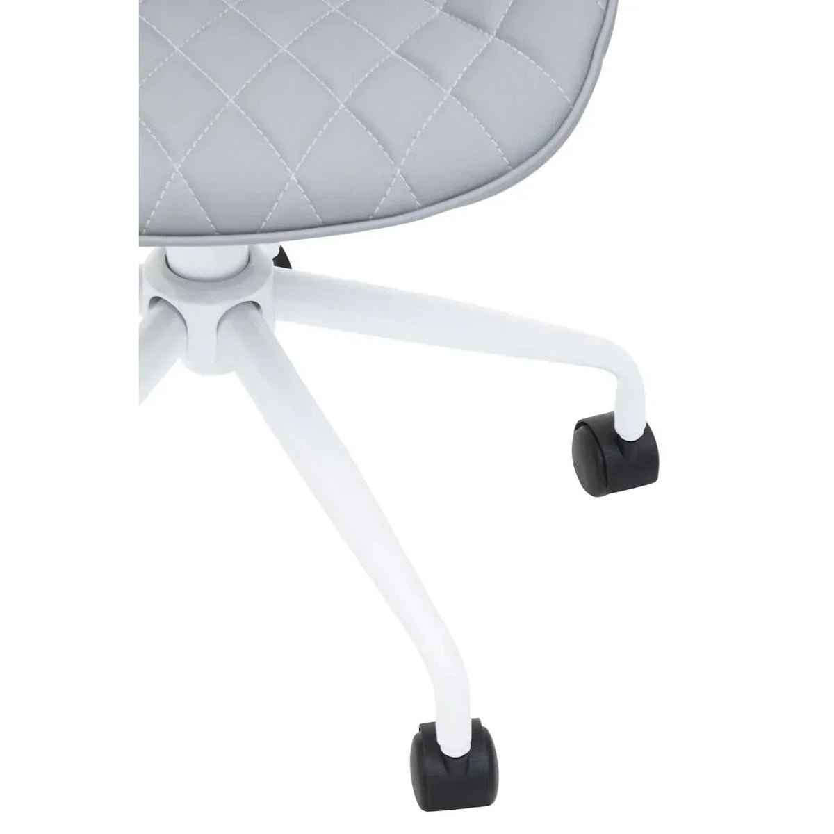 Grey quilted office chair seat with white metal legs and black caster wheels, close-up view
