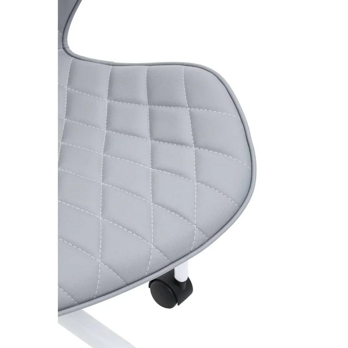 Grey faux leather office chair seat with diamond stitching and white metal frame detail