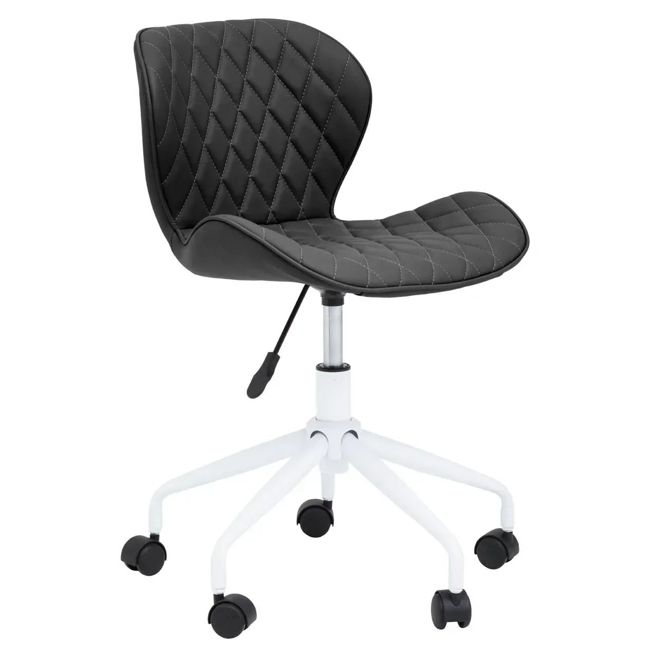 Black quilted office chair with white wheeled base and adjustable height lever
